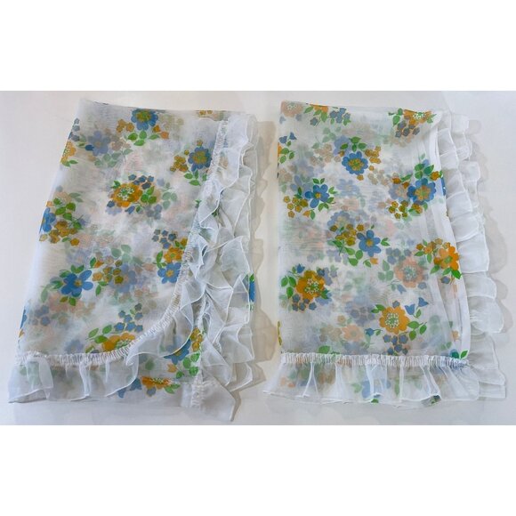 Vintage 80s curtains, orange blue flowers, white, ruffled pair of panels - Picture 7 of 9